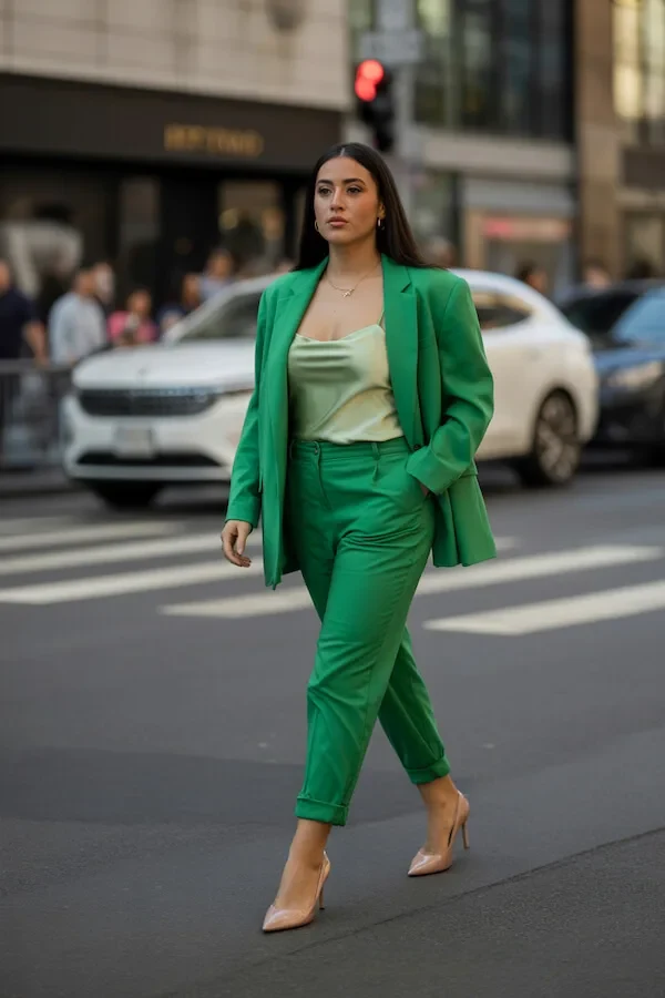 Green Tailored Blazer and Trousers with Pale Yellow Camisole Outfit