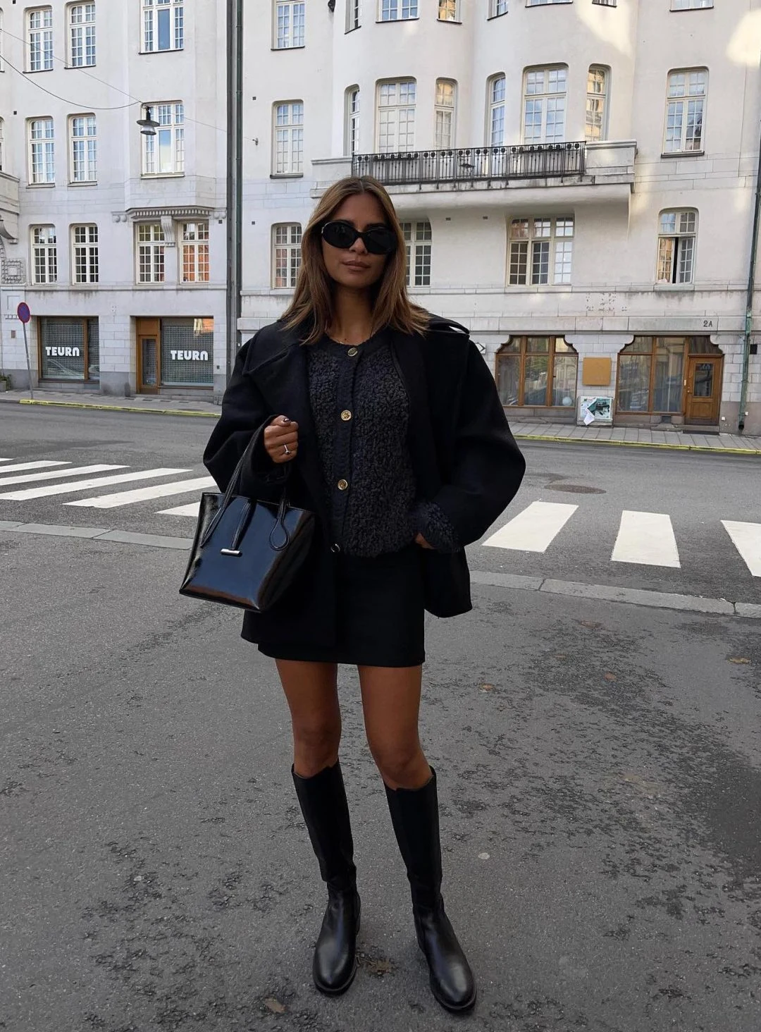 Black Blazer Mini Skirt Outfit with Knee-High Boots