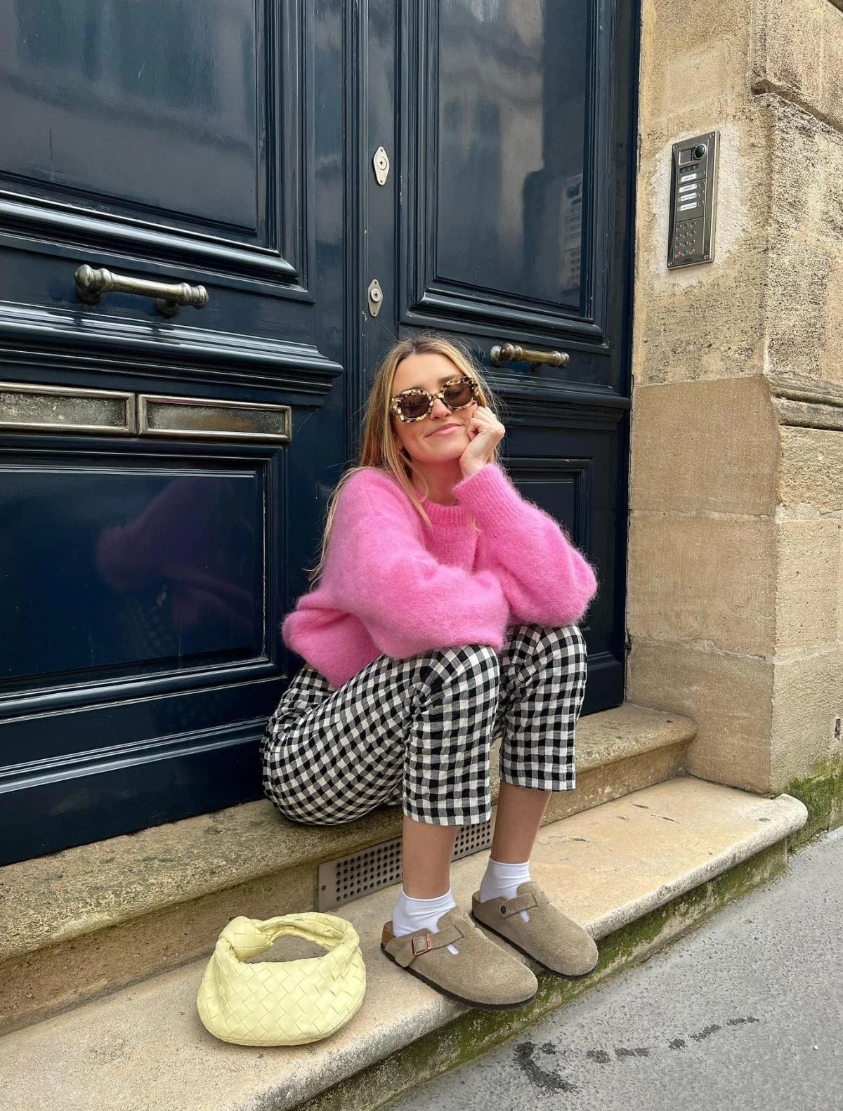 Pink Fuzzy Sweater Gingham Trousers Outfit