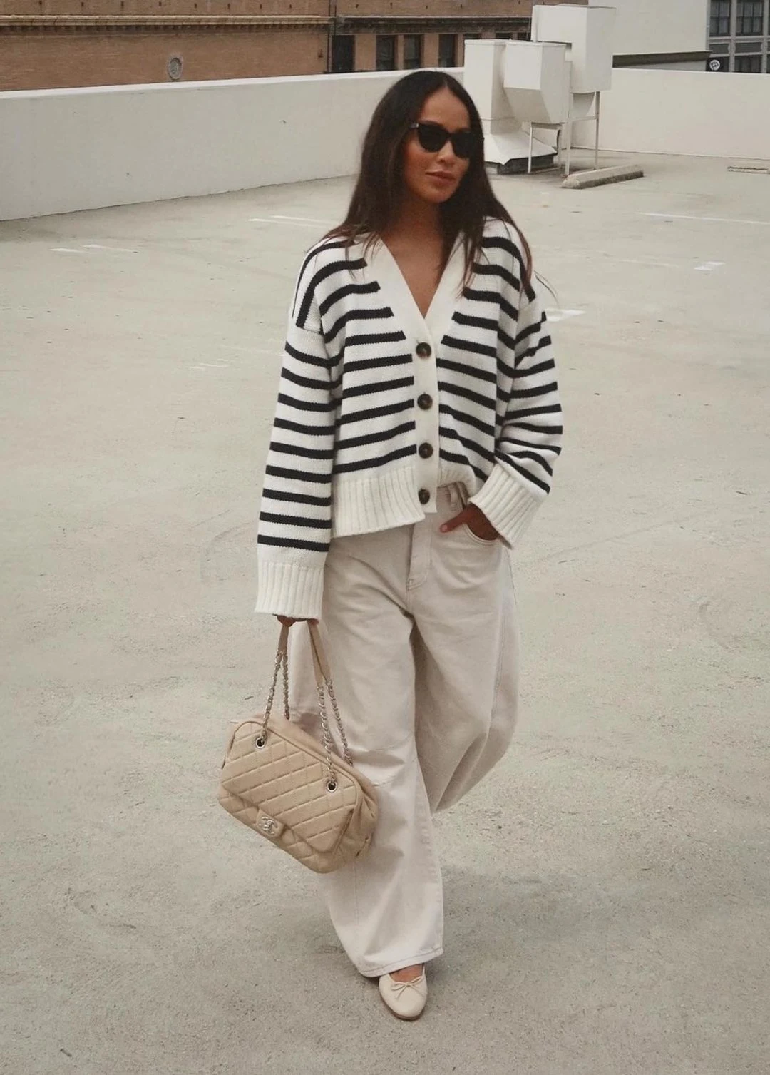 Striped Cardigan Outfit with Wide-Leg Jeans