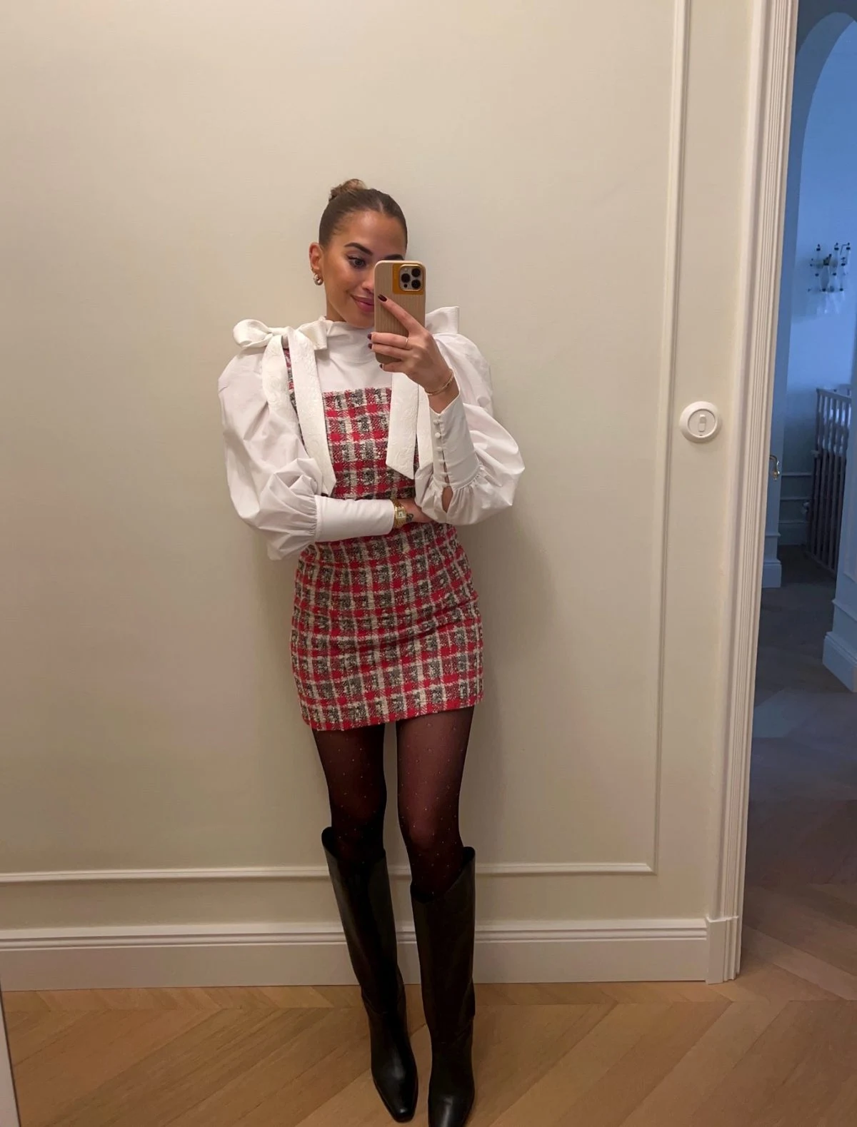 Red Plaid Tweed Mini Dress with White Bow Blouse