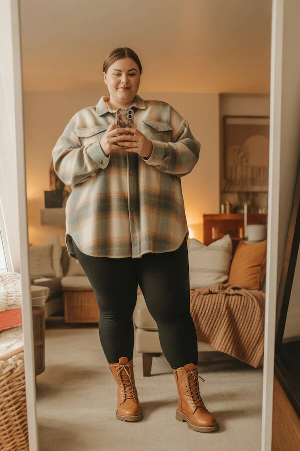 Oversized Plaid Shacket with Black Leggings and Tan Combat Boots