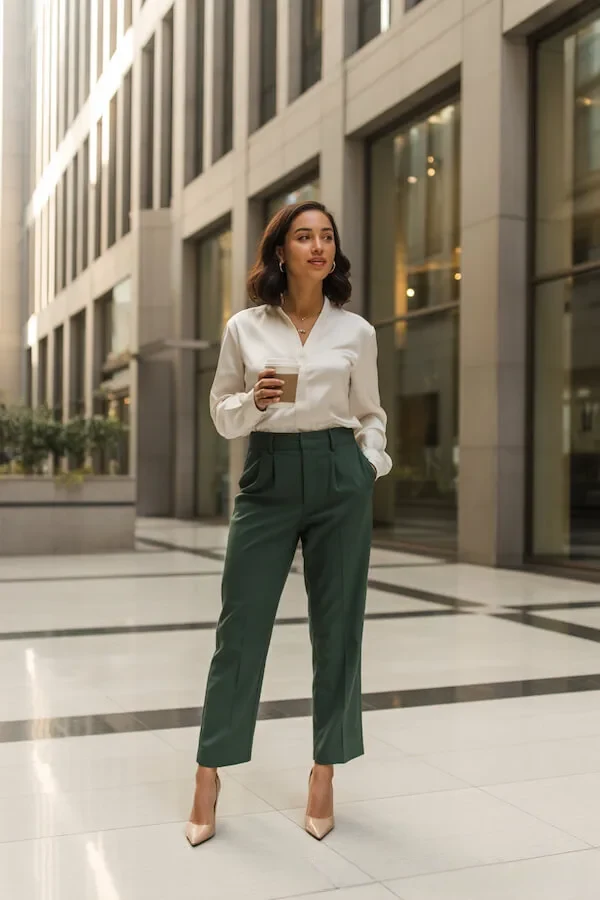 Ivory Silk Blouse with Forest Green Tailored Trousers Office Outfit