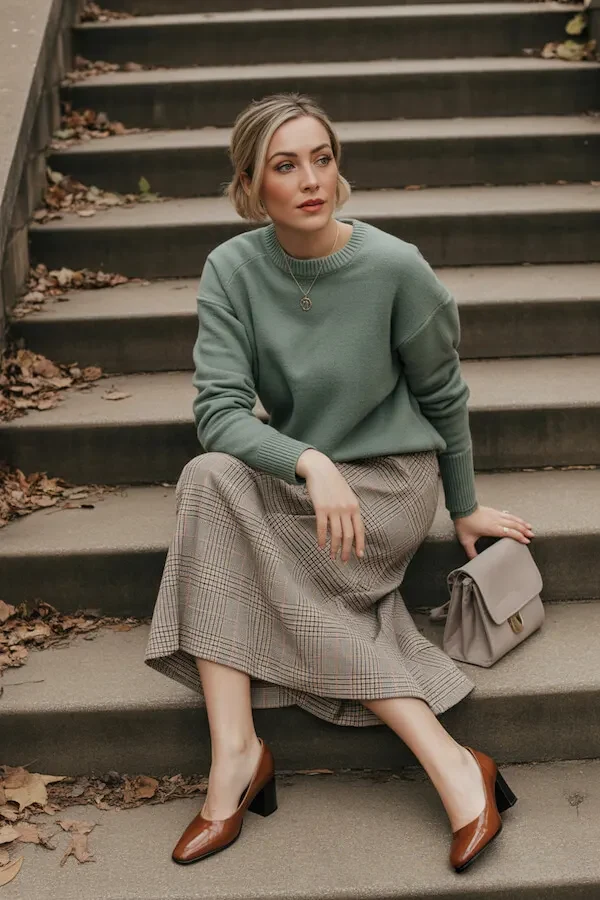 Sage Green Sweater with Check Wide-Leg Trousers Fall Outfit