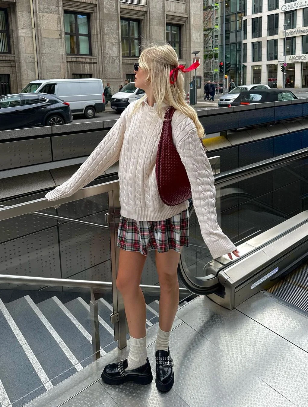Cream Cable-Knit Sweater Plaid Mini Skirt Outfit
