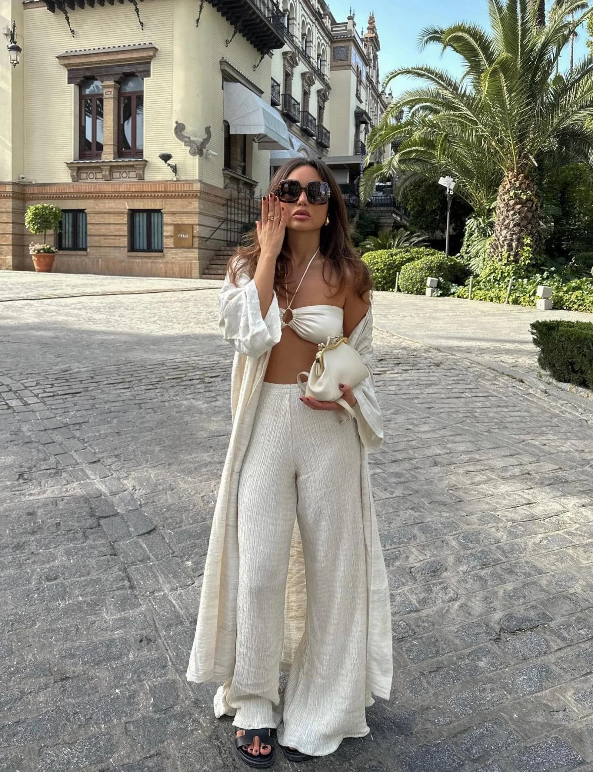 Cream Linen Co-Ord Wide-Leg Trousers Vacation Outfit