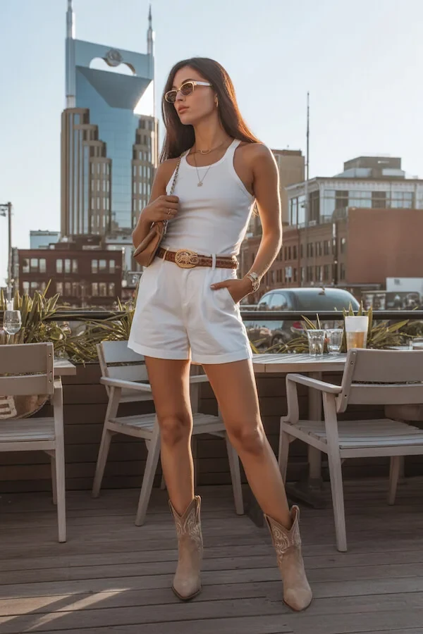 White Tank Top and Shorts with Western Belt and Ankle Boots