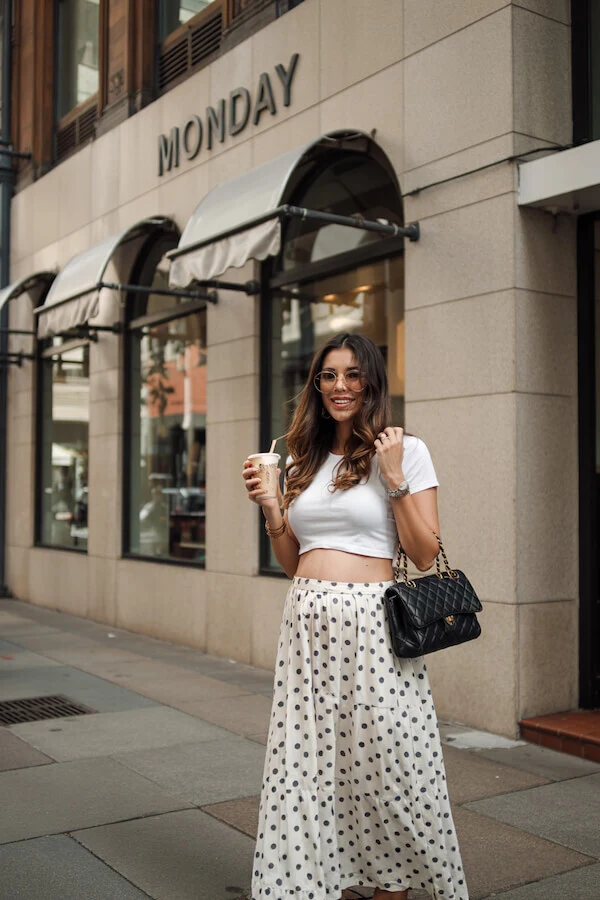 White Crop Top Polka Dot Midi Skirt Outfit