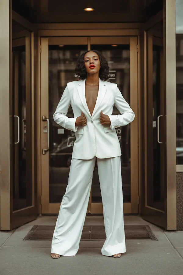 White Double-Breasted Blazer Wide-Leg Trouser Suit