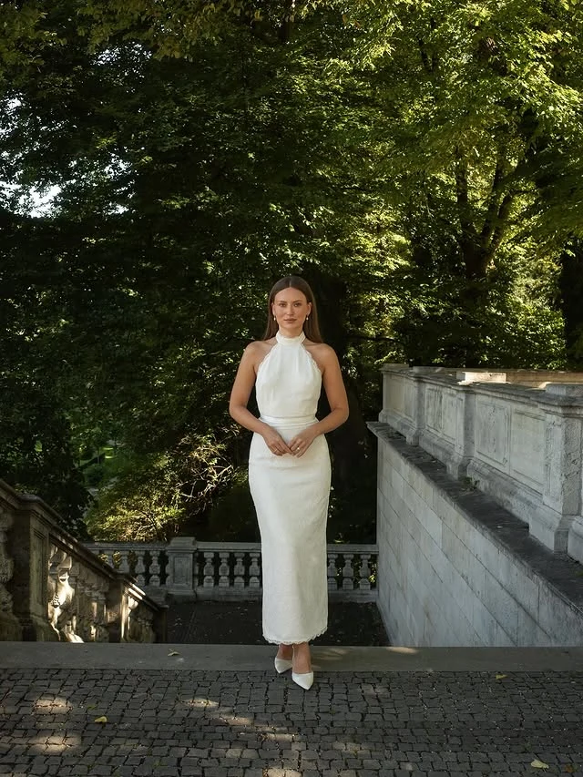 White Halter Neck Midi Dress Wedding Guest Outfit