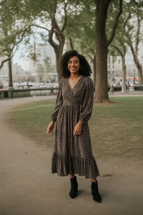 Brown Floral Wrap Midi Dress with Black Ankle Boots