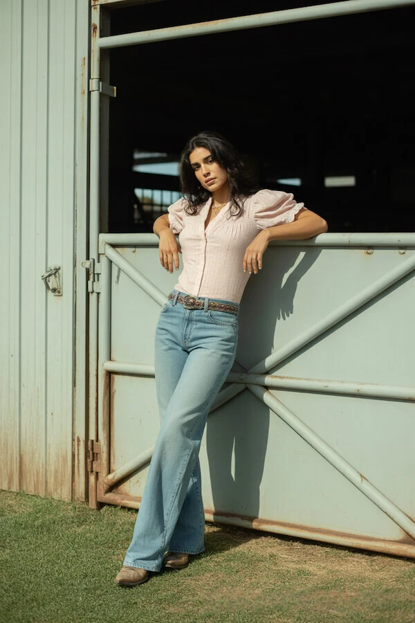Soft Pink Puff Sleeve Blouse with Light Wash Flare Jeans Outfit