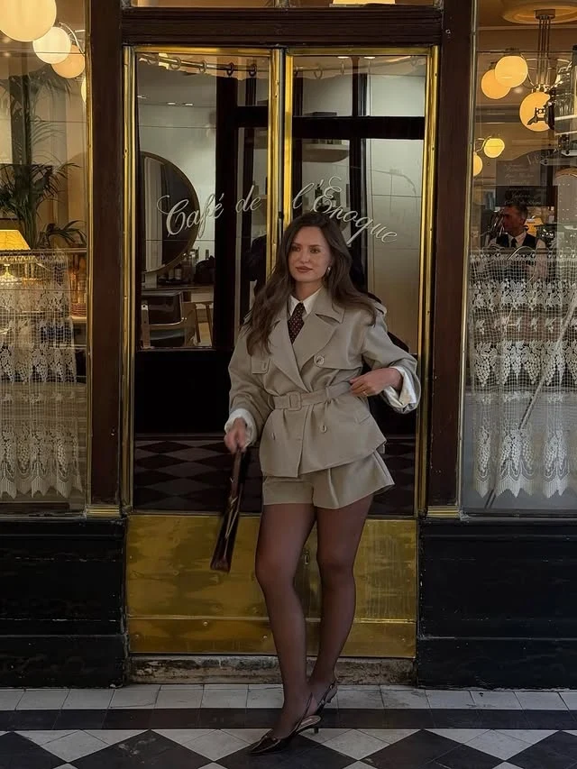 Beige Trench Blazer with Shorts and Sheer Tights