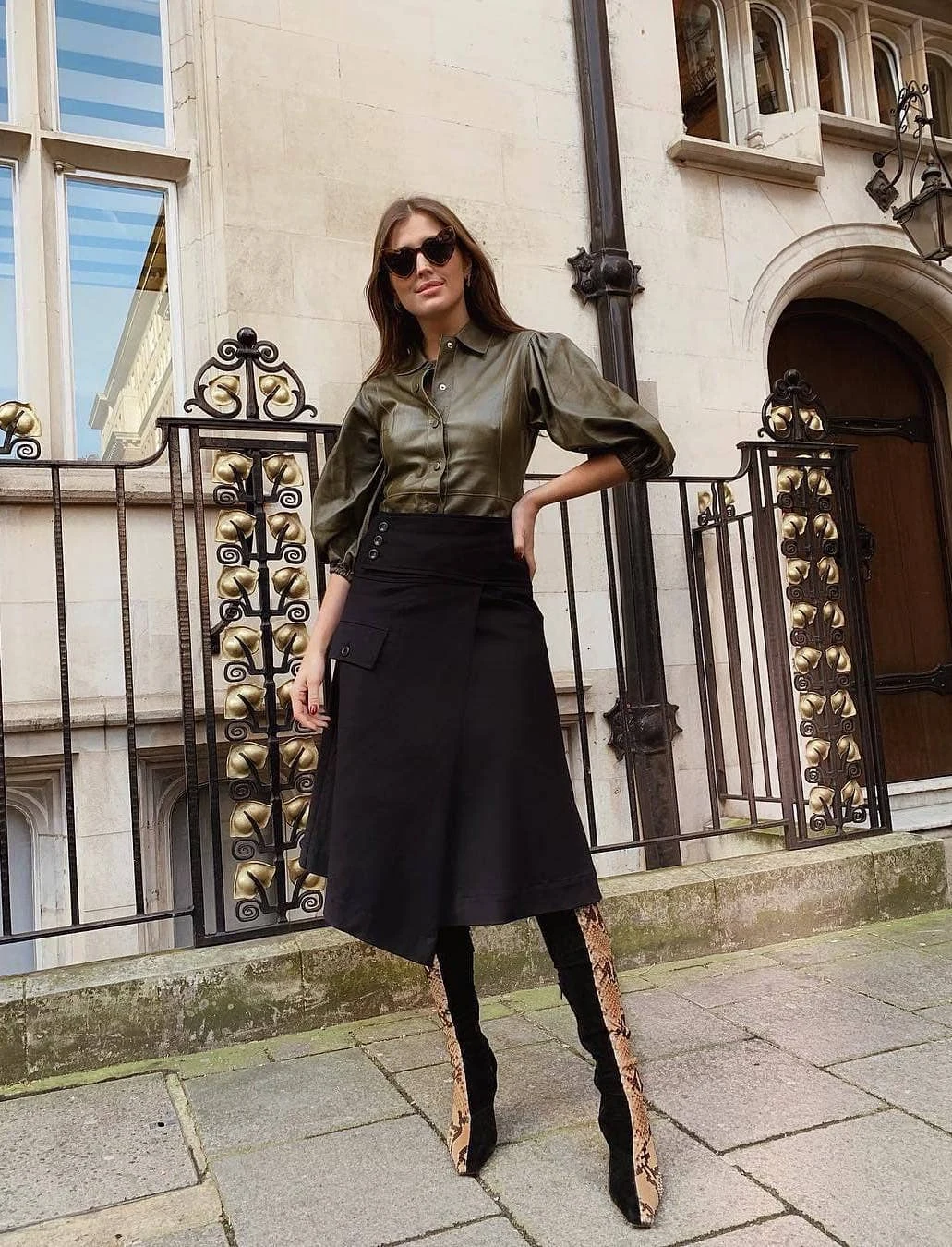 Olive Leather Shirt Outfit with Black Asymmetric Skirt