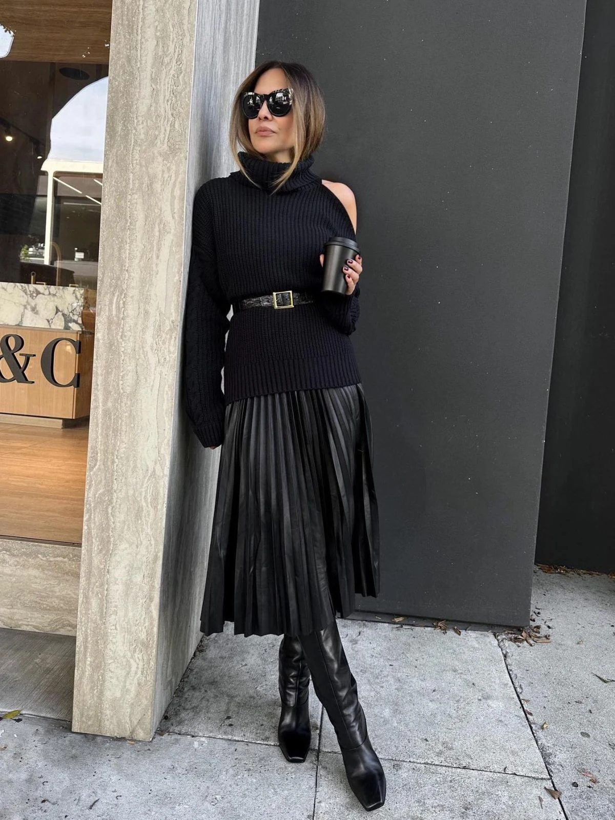 Black Ribbed Sweater Leather Pleated Midi Skirt Outfit