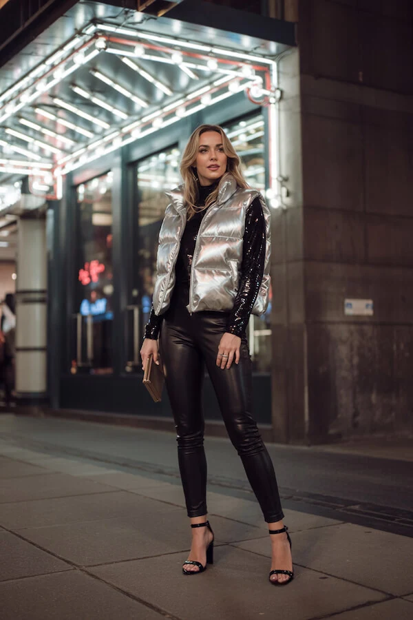 Silver Puffer Vest Outfit with Sequin Top and Leather Pants