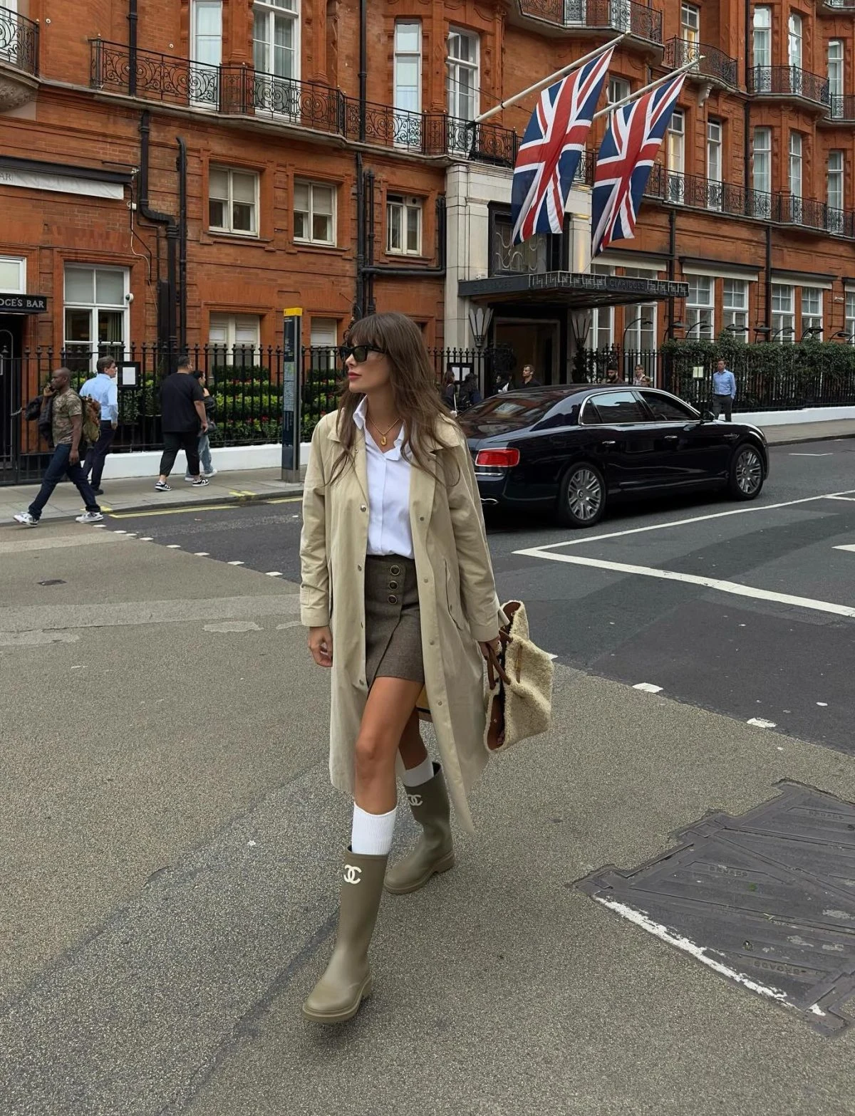 Beige Trench Coat Olive Mini Skirt Outfit with Rain Boots