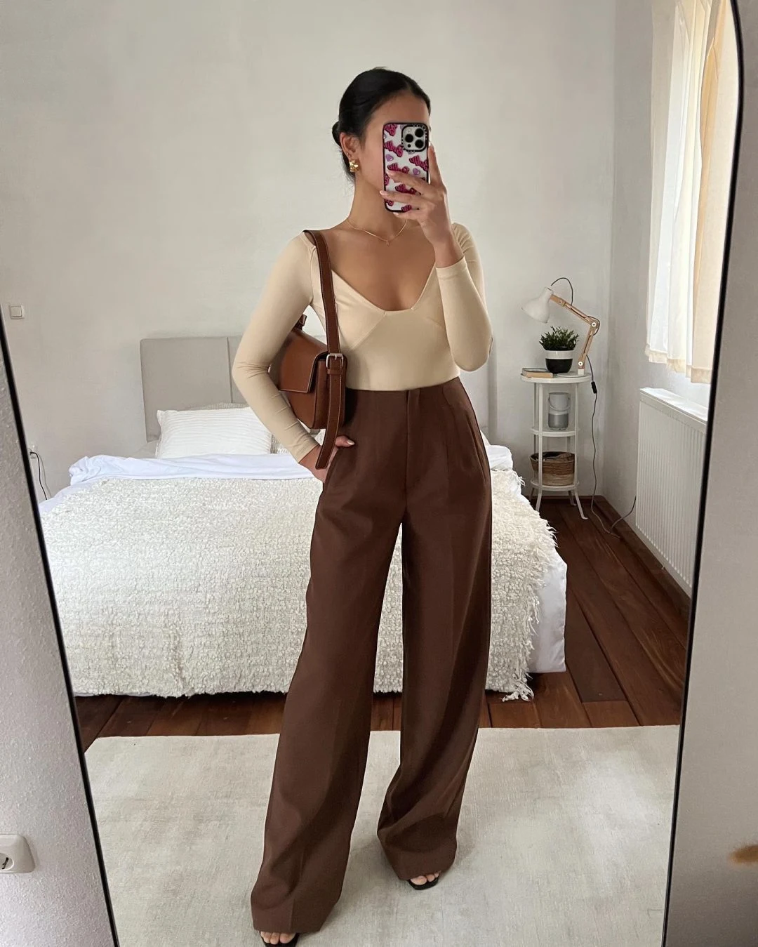 Cream Bodysuit Chocolate Brown Wide-Leg Trousers Outfit
