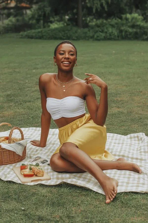 White Bandeau Top Yellow Silk Midi Skirt Summer Picnic Outfit