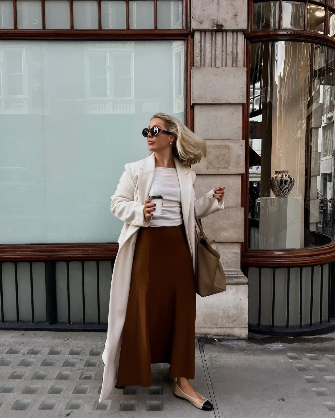 Cream Coat Brown Wide-Leg Trousers Outfit