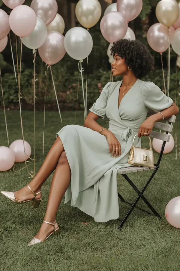 Sage Green Wrap Midi Dress with Puff Sleeves for Wedding Guest