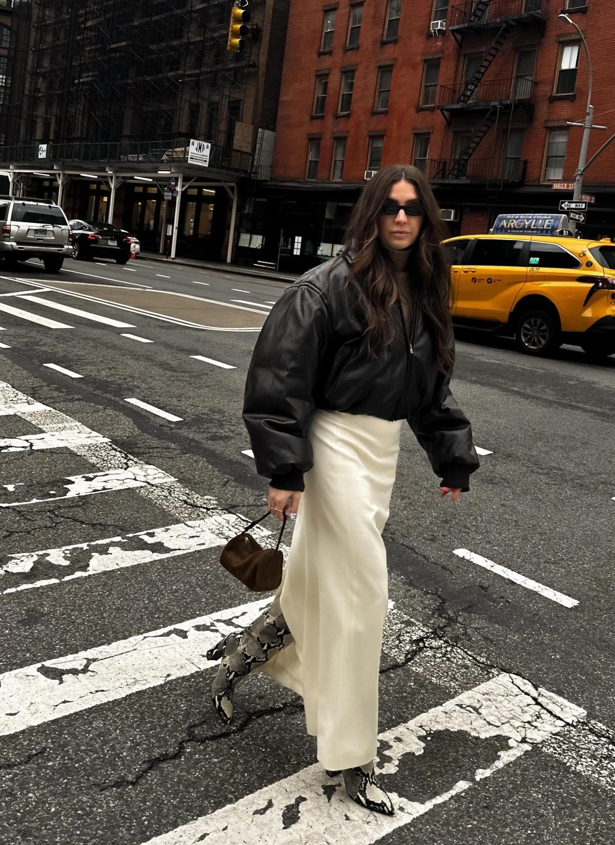 Black Leather Bomber Jacket Cream Silk Skirt Outfit