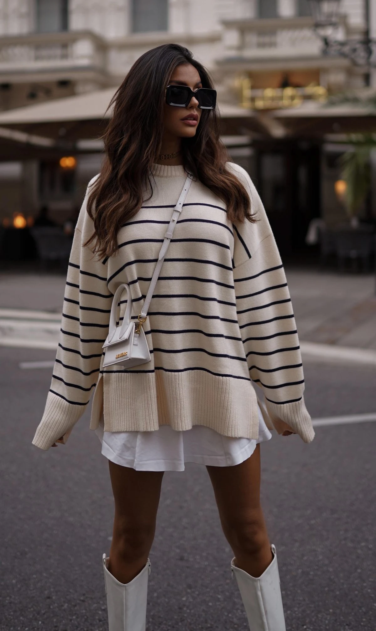 Cream Striped Sweater Outfit with White Boots