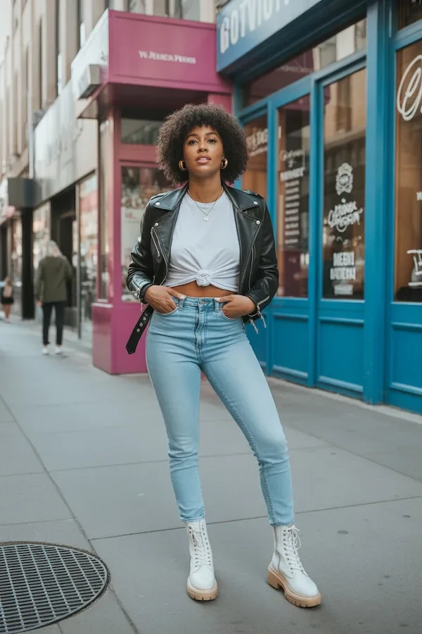 Black Leather Moto Jacket with Light Wash High-Rise Skinny Jeans