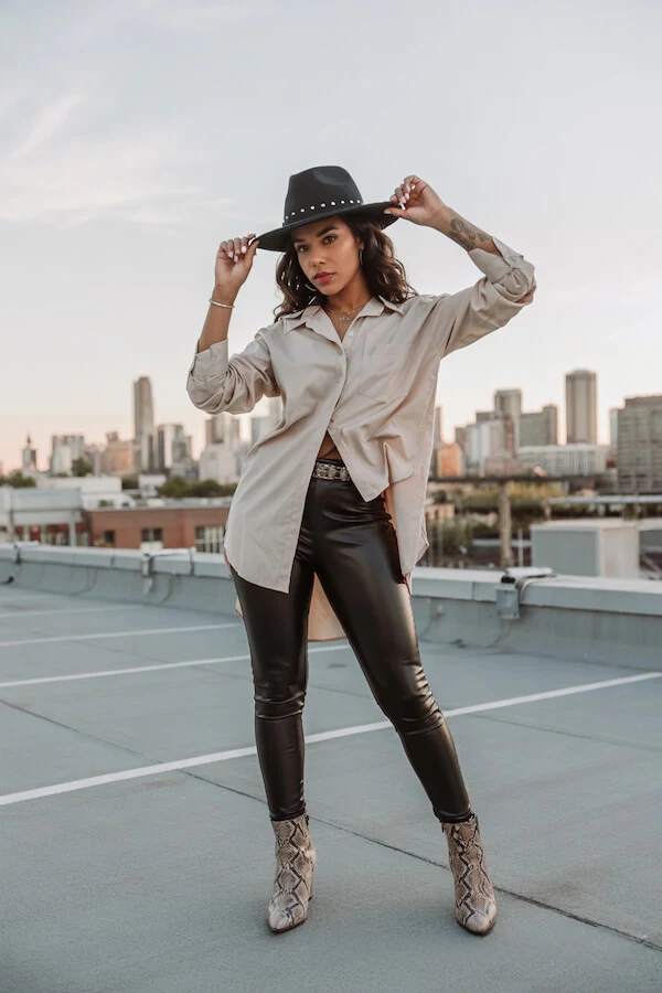 Oversized Beige Shirt Black Leather Pants Fedora Outfit