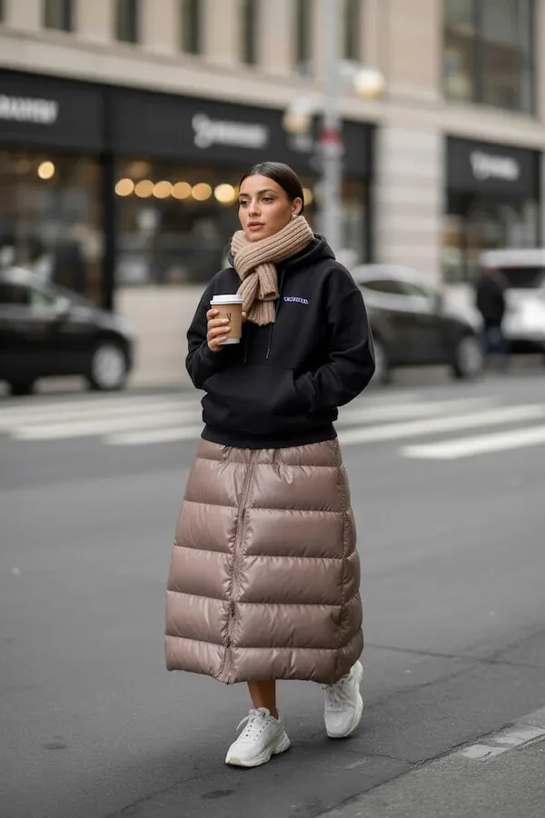 Black Hoodie with Taupe Puffer Midi Skirt and Chunky White Sneakers