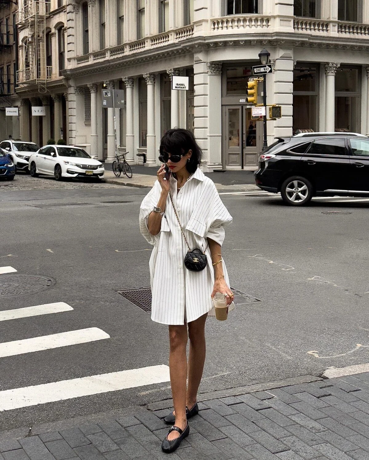 White Pinstripe Shirt Dress Outfit with Black Accessories