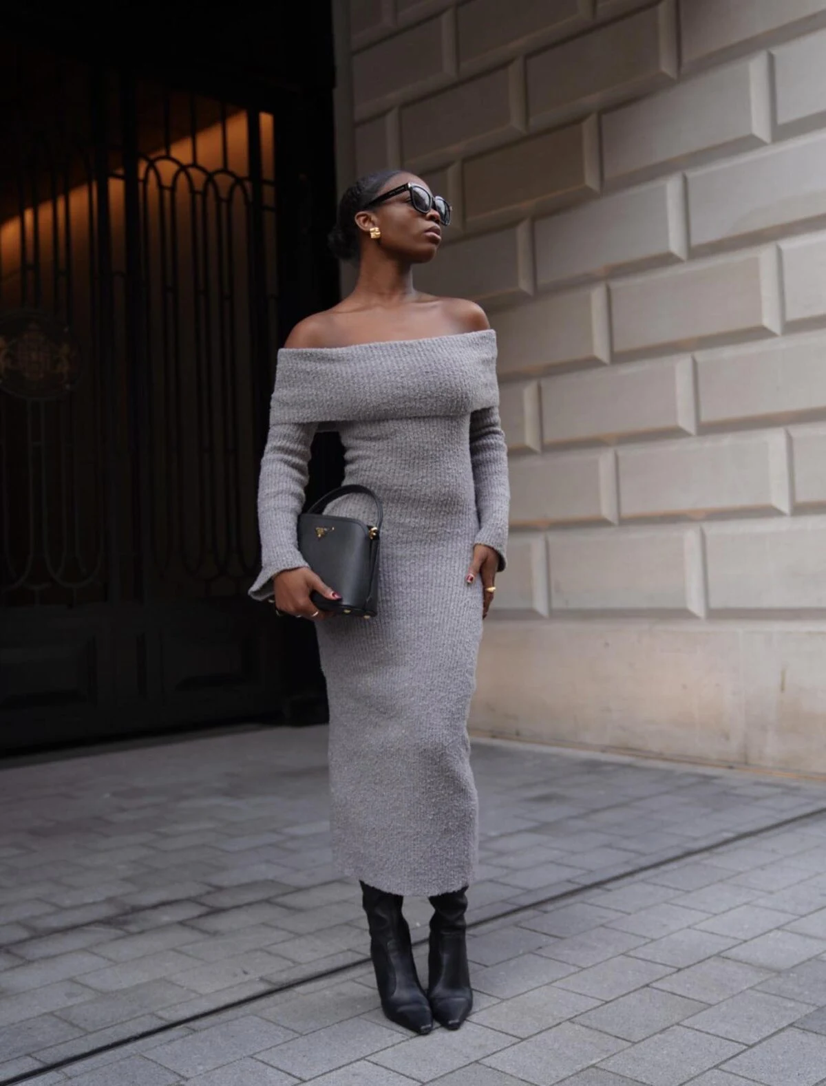 Grey Off-Shoulder Knit Midi Dress Outfit with Black Boots