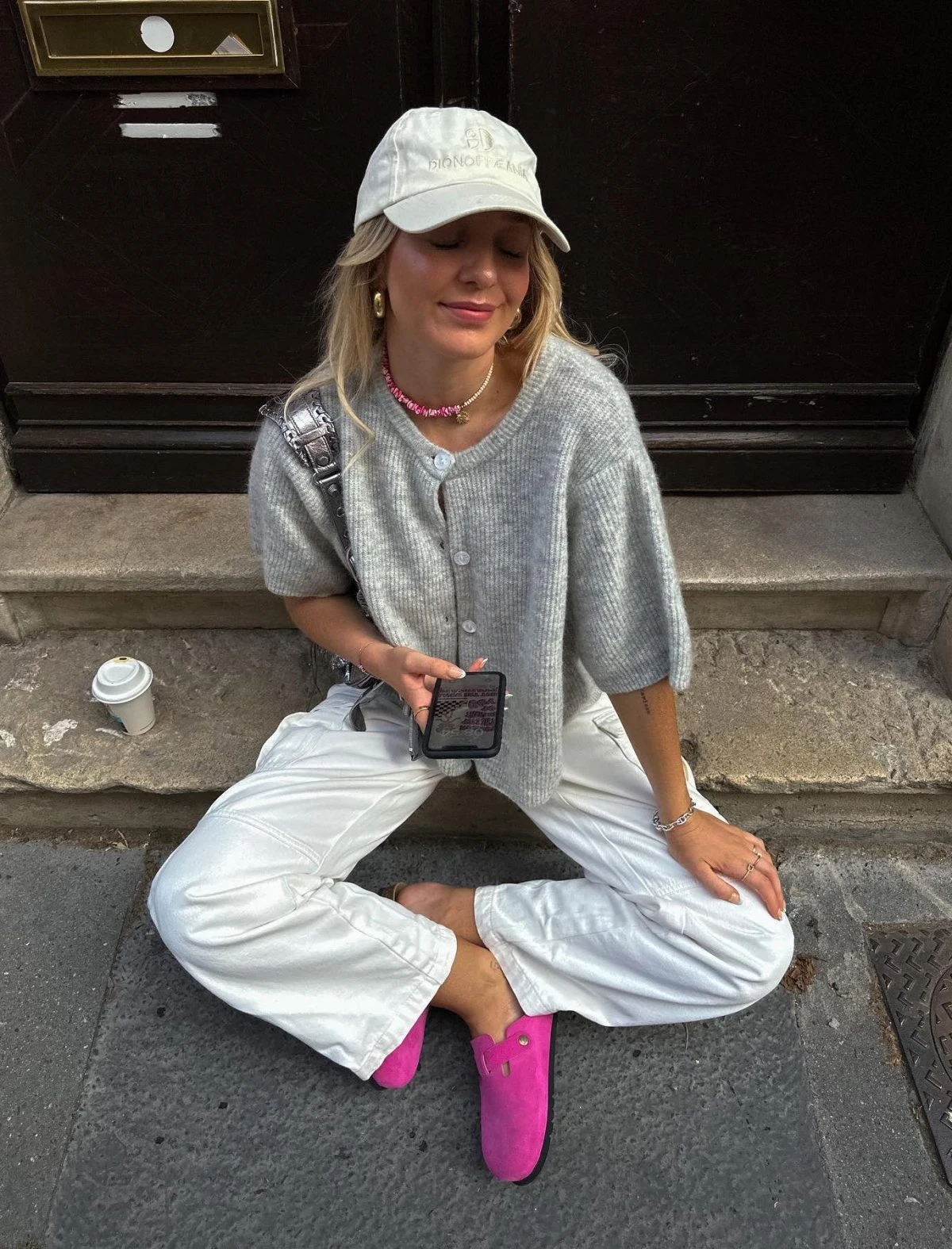 Grey Cardigan White Wide-Leg Trousers Pink Clogs Outfit