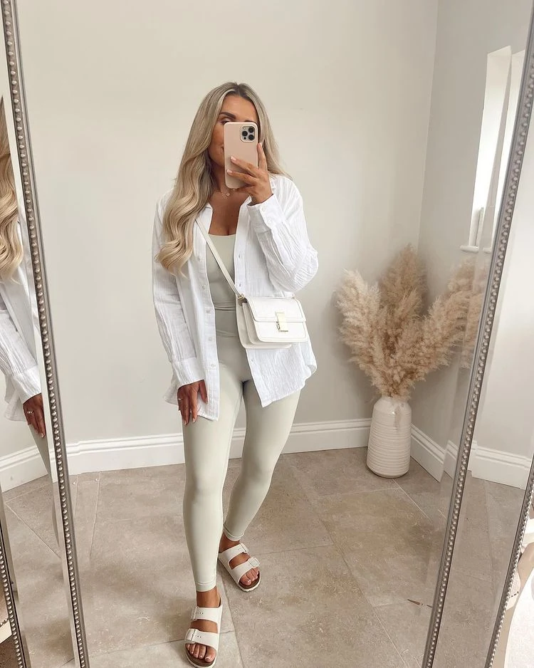 White Textured Blazer Outfit with Cream Leggings