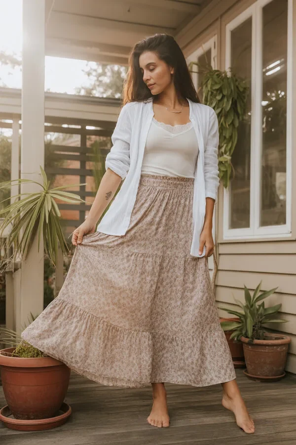 White Linen Blazer Tiered Floral Midi Skirt Casual Outfit