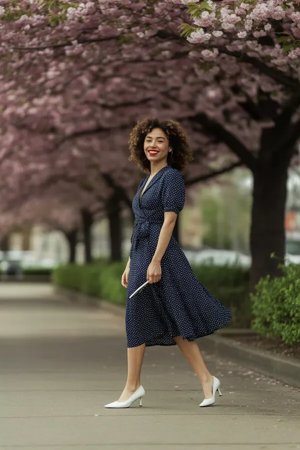 Navy Polka Dot Midi Dress with White Pointed Heels Spring Outfit