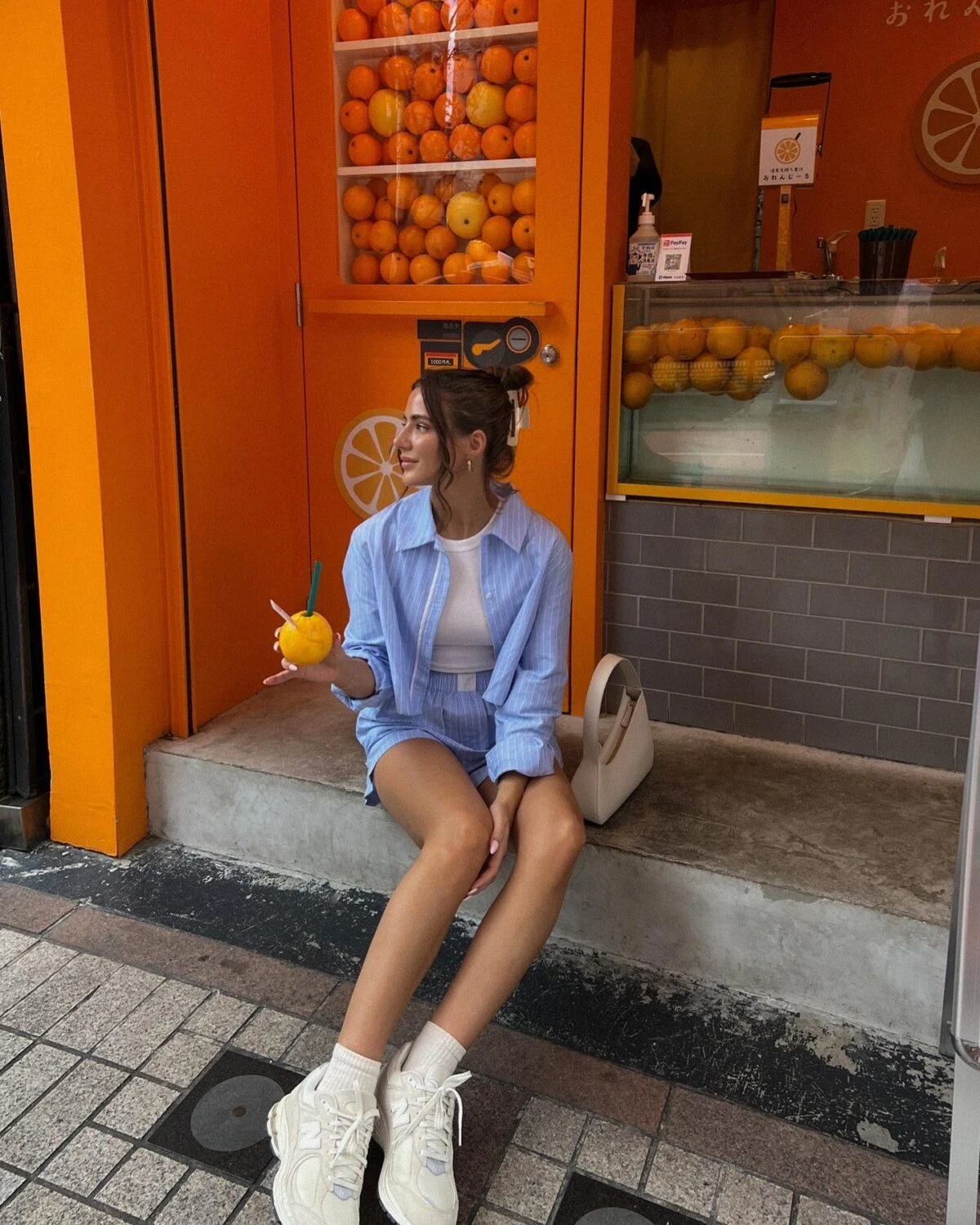 Light Blue Linen Shirt Outfit with Neutral Shorts