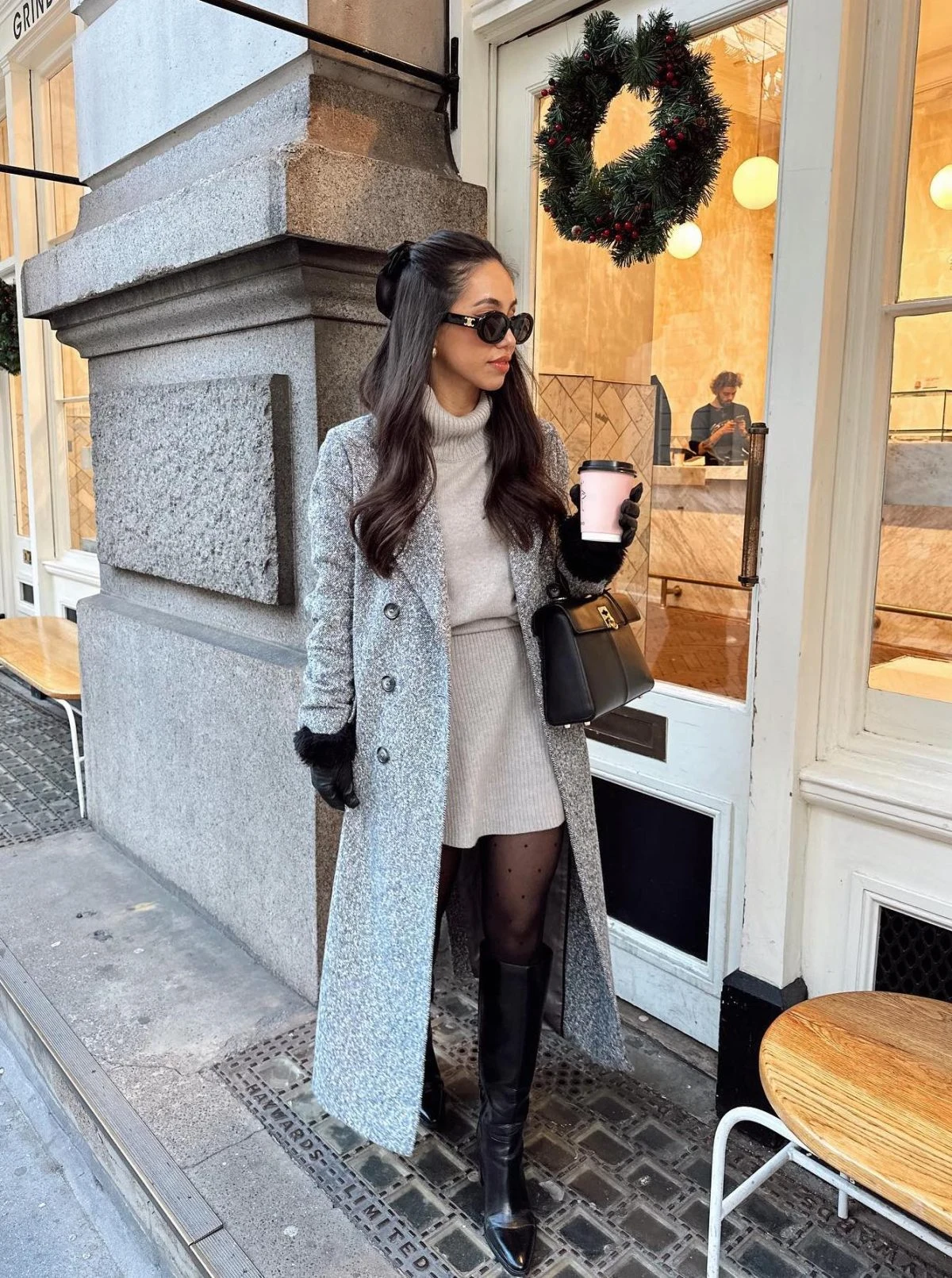 Grey Bouclé Coat Outfit with Beige Knit Dress