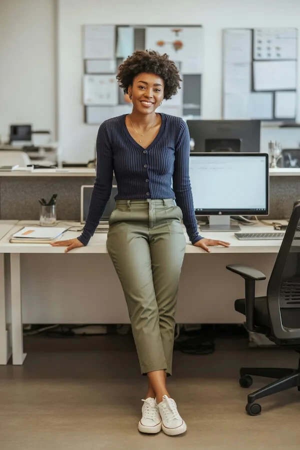 Navy Ribbed Cardigan with Olive High-Waist Trousers Office Look