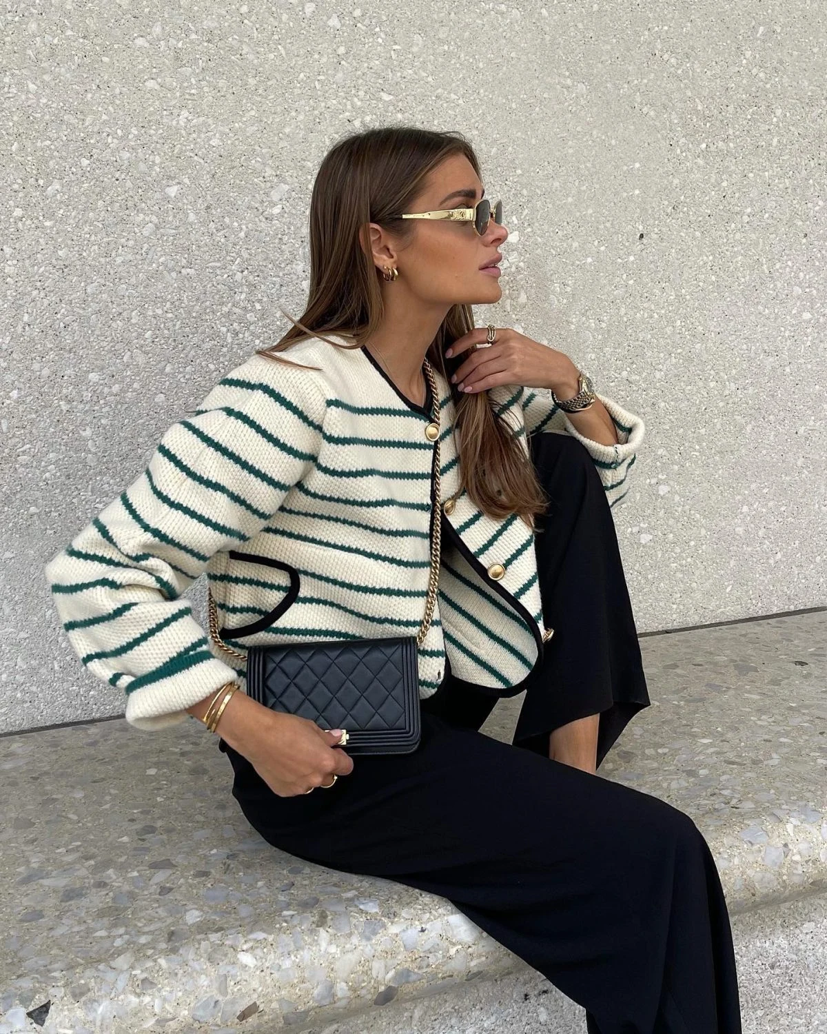 Striped Cardigan Black Trousers Outfit for Weekend