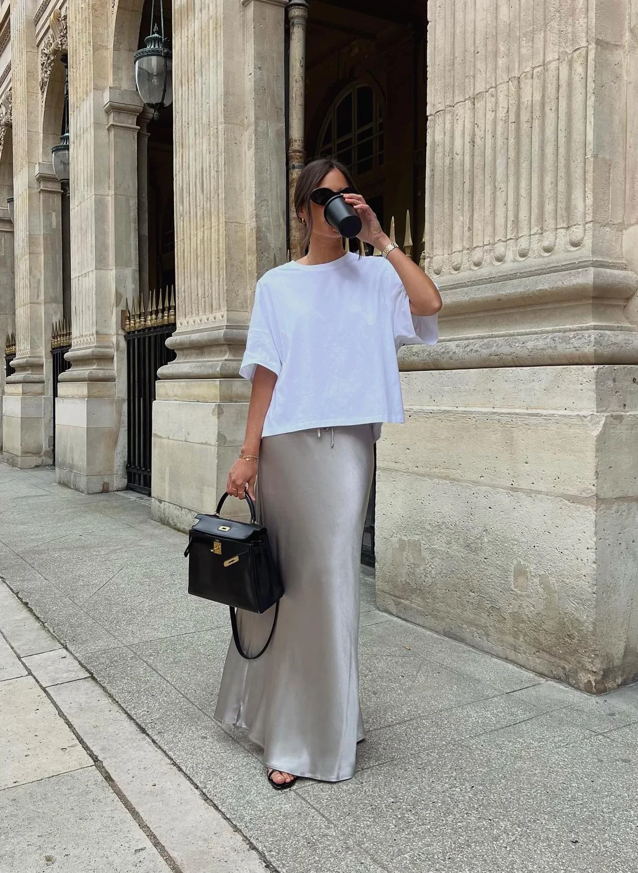 White Oversized T-Shirt Silk Slip Skirt Outfit