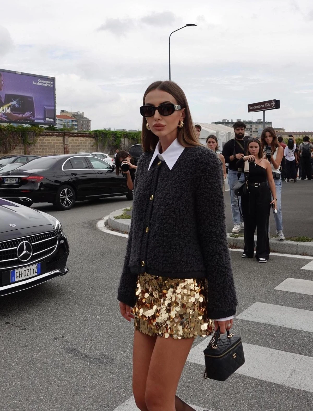 Charcoal Tweed Jacket Gold Sequin Mini Skirt Outfit