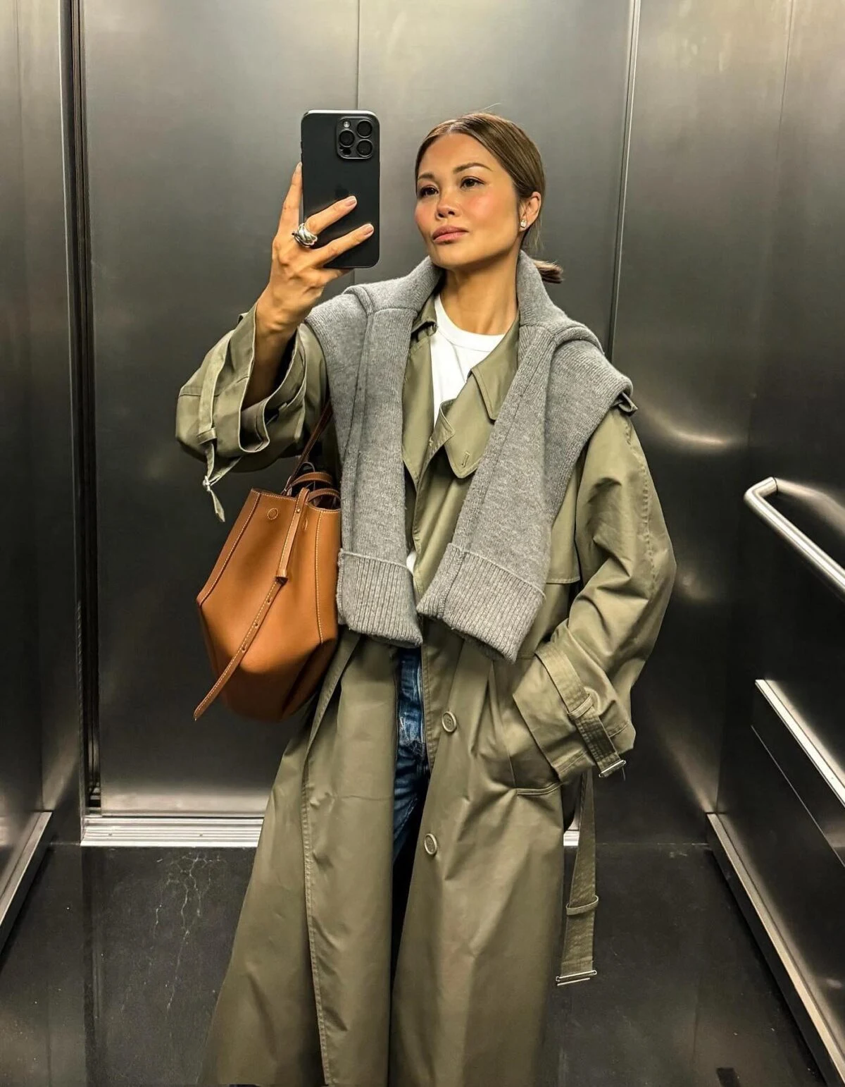 Olive Trench Coat Grey Knit Vest Layered Outfit