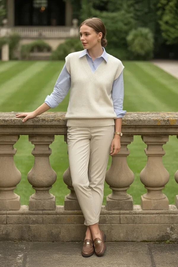 Cream Knit Vest Light Blue Shirt and Beige Trousers Outfit