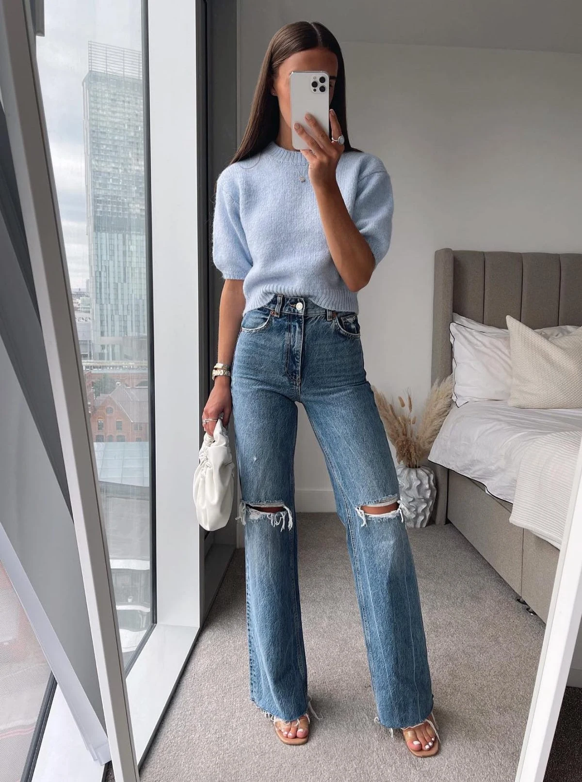 Light Blue Knit Sweater Ripped Jeans Outfit