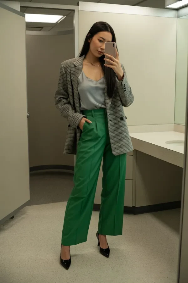 Green Wide-Leg Trousers with Grey Check Blazer and Silk Cami