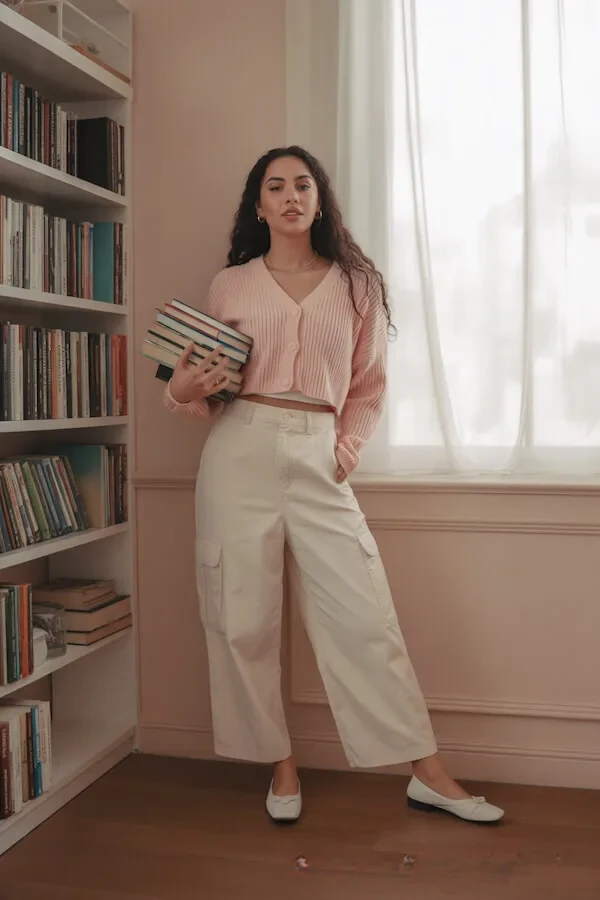 Blush Pink Cropped Cardigan with Cream Wide-Leg Cargo Trousers