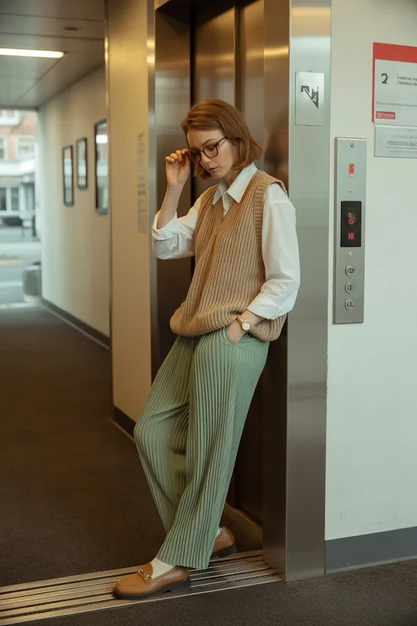 Camel Ribbed Vest White Shirt Sage Green Pleated Trousers Outfit