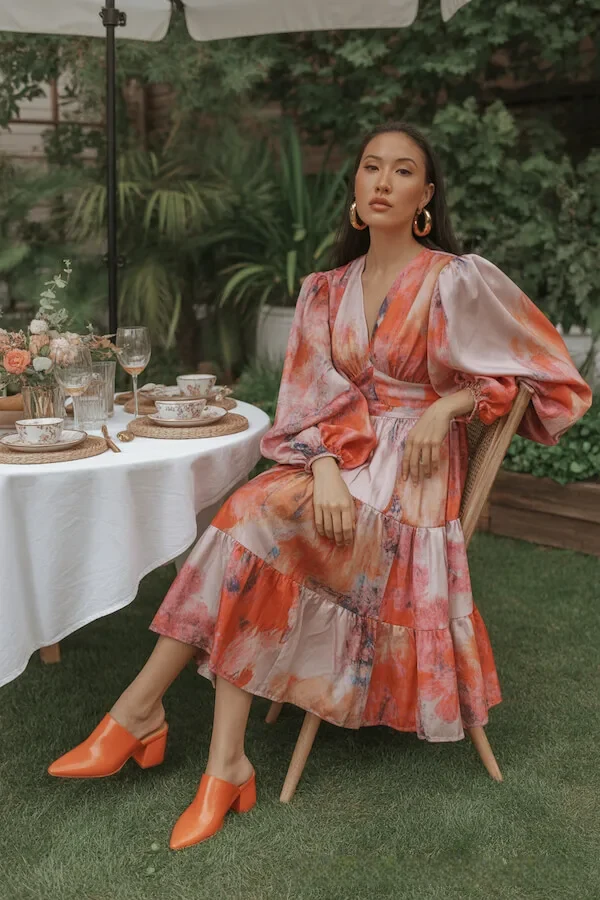 Orange Watercolor Print Tiered Midi Dress with Statement Mules