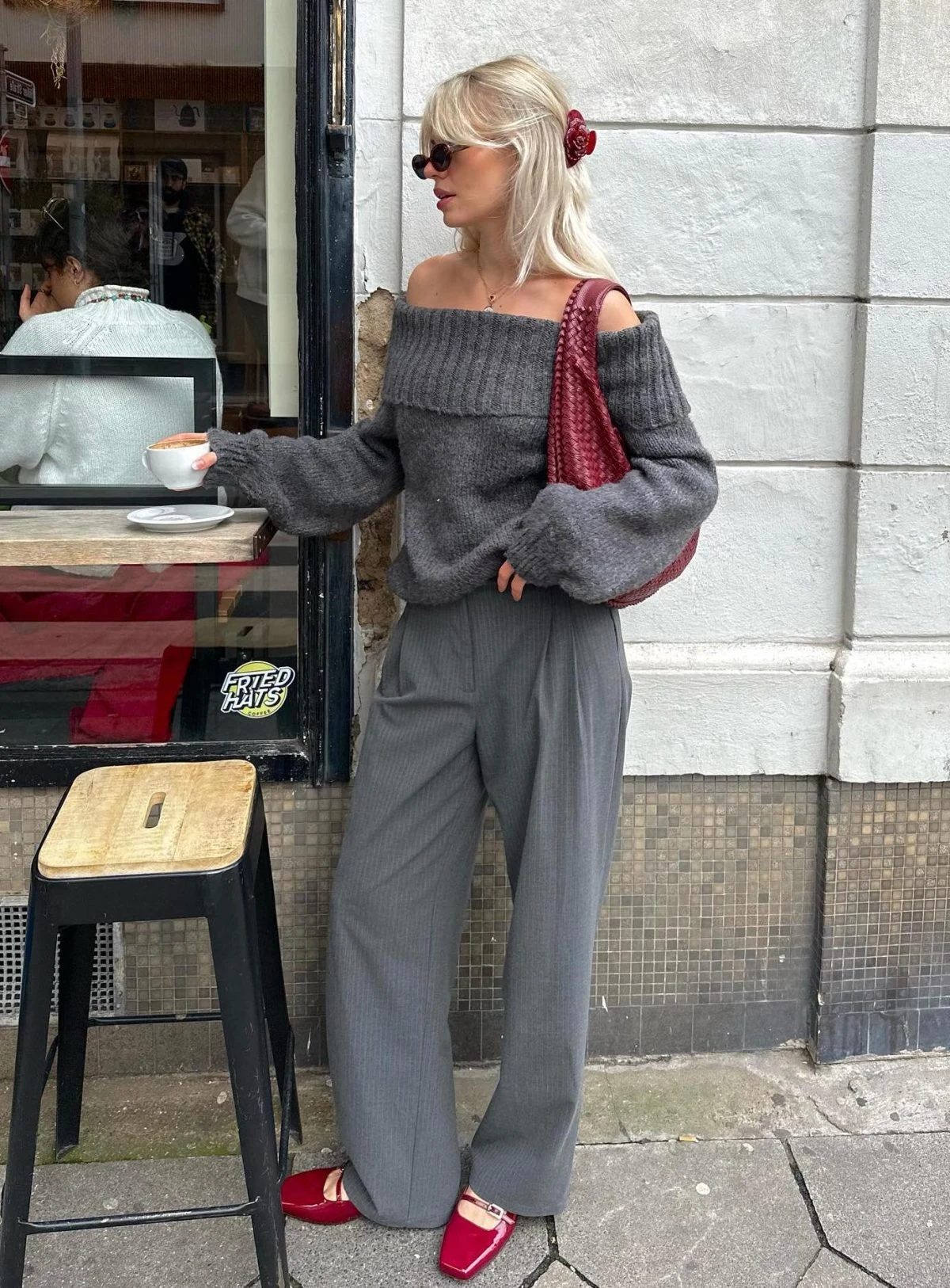 Grey Off-Shoulder Sweater Outfit with Wide-Leg Trousers